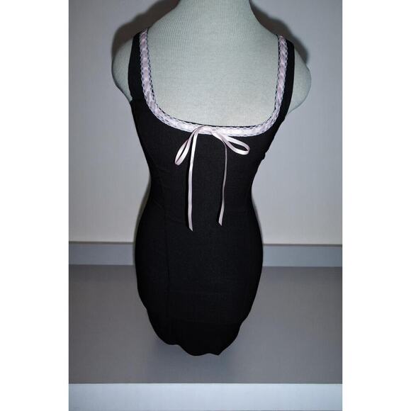 Y2K Coquette Black Bodycon Mini Dress with Pink Satin Ribbon Trim – Windsor Smal - Picture 4 of 12